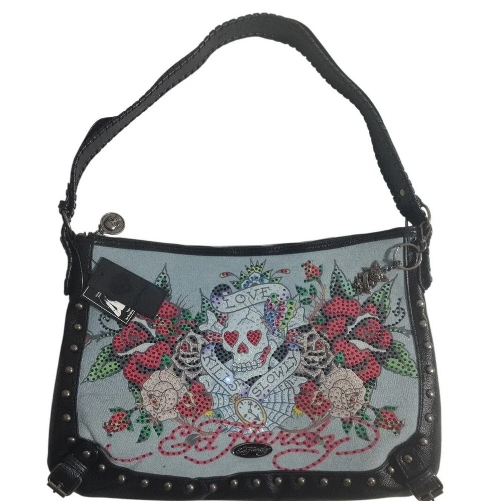 Ed Hardy Hobo Bag Skull Roses Rhinestone Denim‎ Leather Shoulder Bag Women